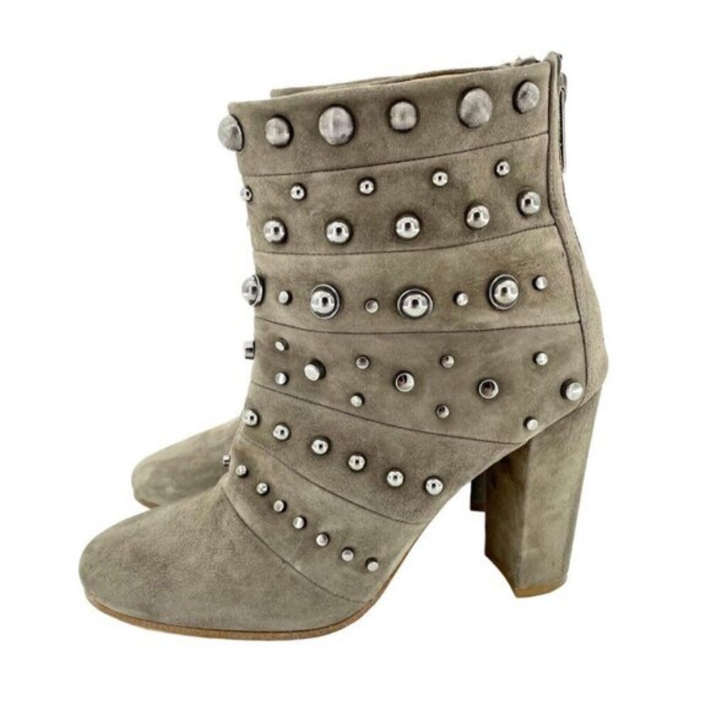Badgley Mischka Kurt Boots Embellished Suede Taupe Zip Studded 8 $495